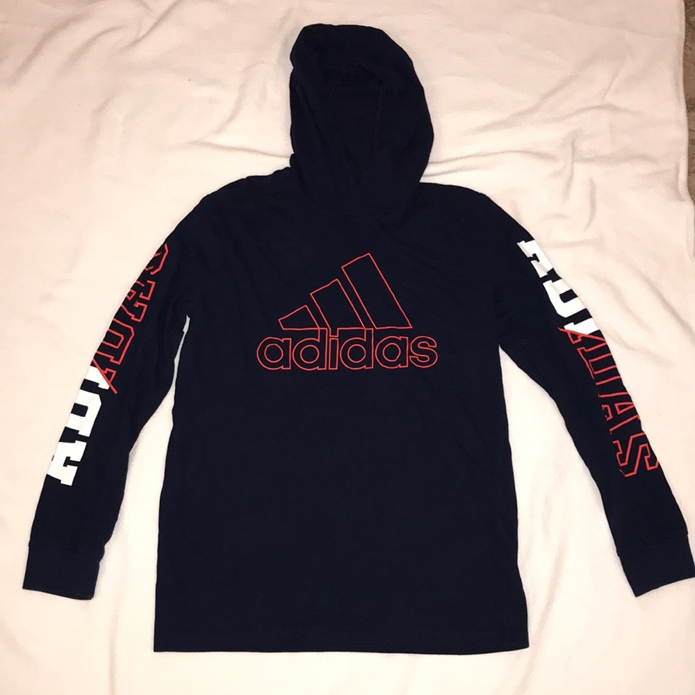 Adidas Navy Long Sleeve Hooded Cotton T-Shirt Boys Size LG (14/16)